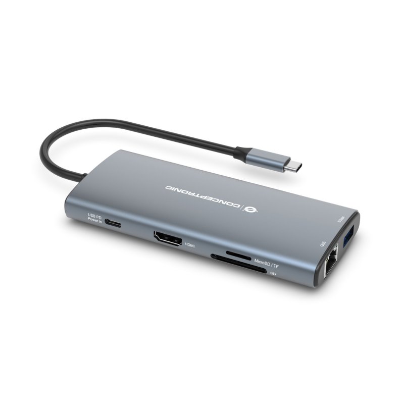 Conceptronic DONN06G 10-in-1 USB 3.2 Gen 1 Docking Station, HDMI, 100W USB PD, USB-C 5Gbps x 2, USB-A 5Gbps x 3, SD,