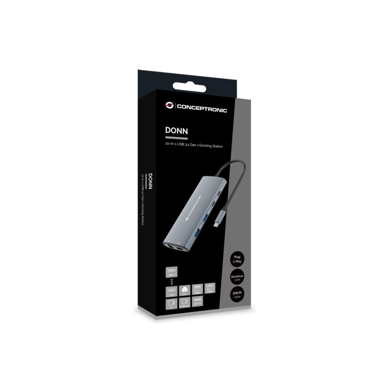 Conceptronic DONN06G 10-in-1 USB 3.2 Gen 1 Docking Station, HDMI, 100W USB PD, USB-C 5Gbps x 2, USB-A 5Gbps x 3, SD,