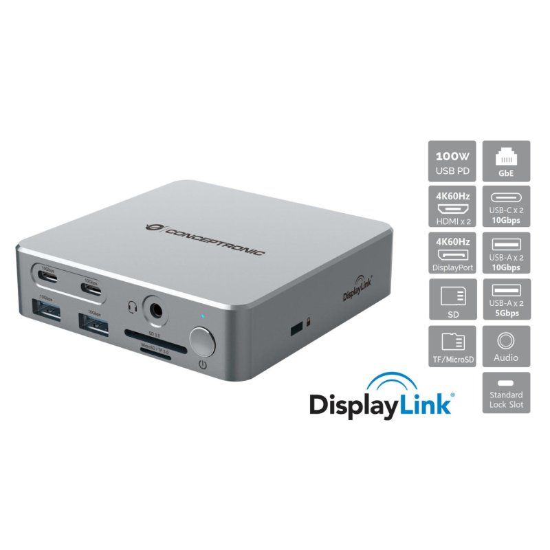 Conceptronic DONN25G 15-in-1 DisplayLink USB 3.2 Gen 2 Docking Station, Triple 4K60Hz Display, HDMI x 2, DisplayPort,