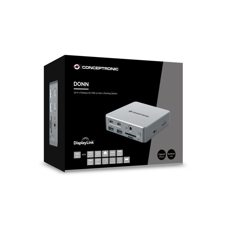 Conceptronic DONN25G 15-in-1 DisplayLink USB 3.2 Gen 2 Docking Station, Triple 4K60Hz Display, HDMI x 2, DisplayPort,