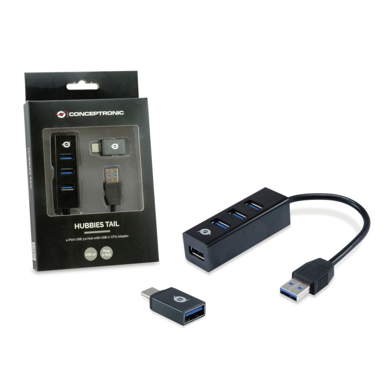 CONCEPTRONIC 4-Port Hub USB-A3.0/-C Adap.-4xA3.0 o.Netz. sw