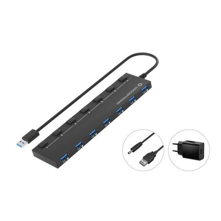 Conceptronic HUBBIES19BP 7-Port USB 3.0 HUB with Power Adapter, 90cm Cable, Individual Power Switch, USB 3.2 Gen 1