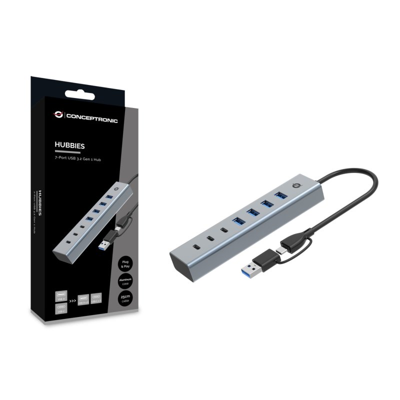 CONCEPTRONIC 7-Port Hub USB-A3.0/-C Adap.-4xA3.0 o.Netz. gr