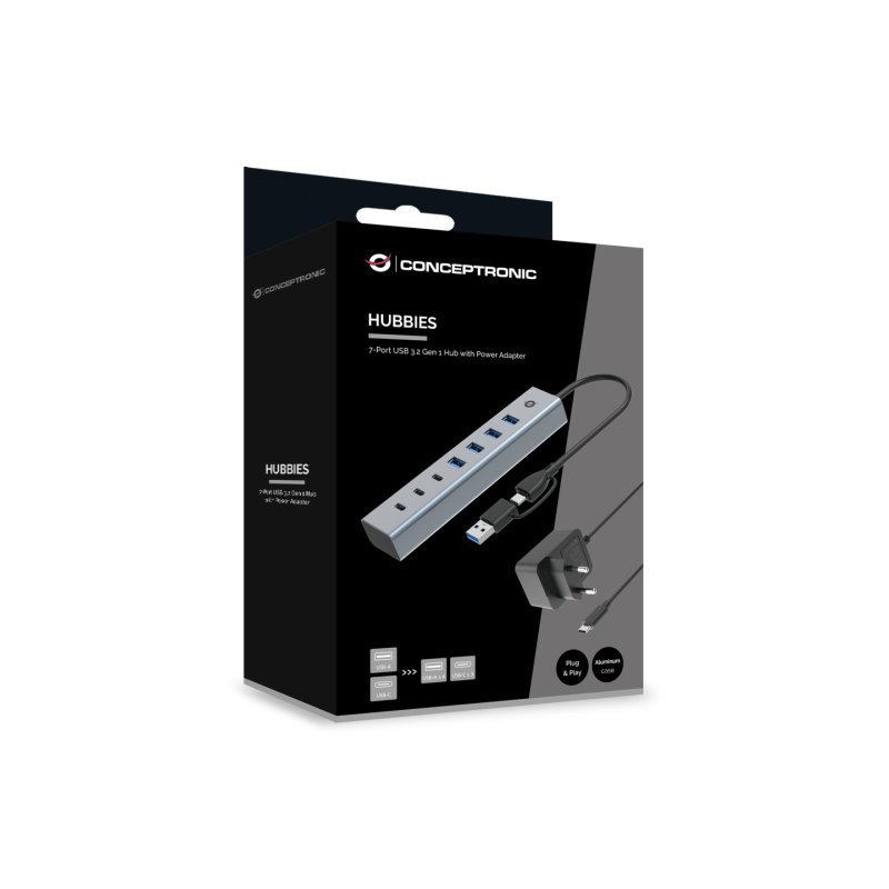 CONCEPTRONIC 7-Port Hub USB-A3.0/-C Adap.-4xA3.0 m.Netz. gr