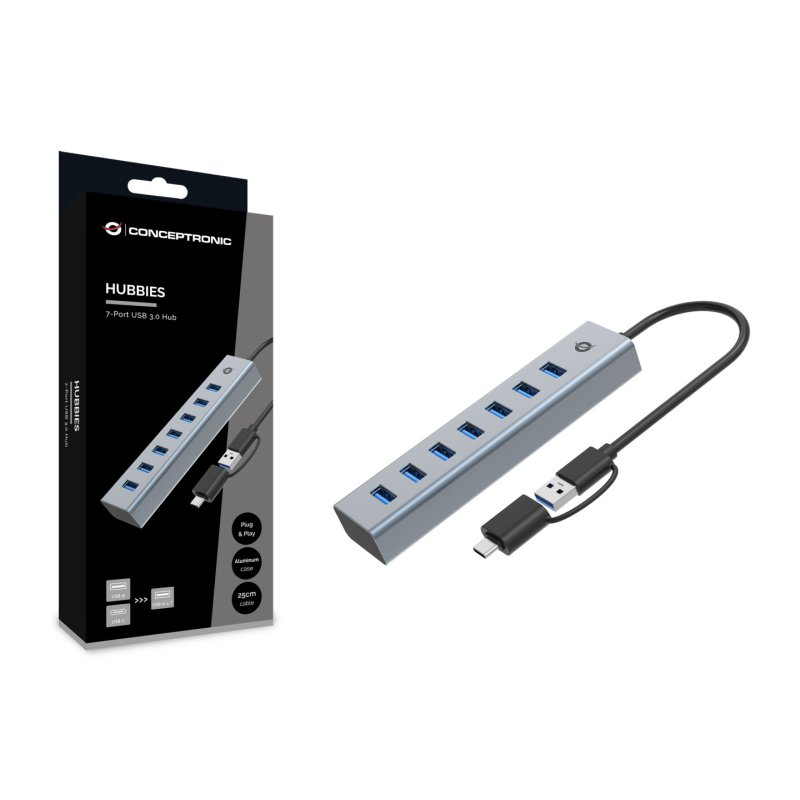 CONCEPTRONIC 7-Port Hub USB-A3.0/-C Adap.-7xA3.0 o.Netz. gr