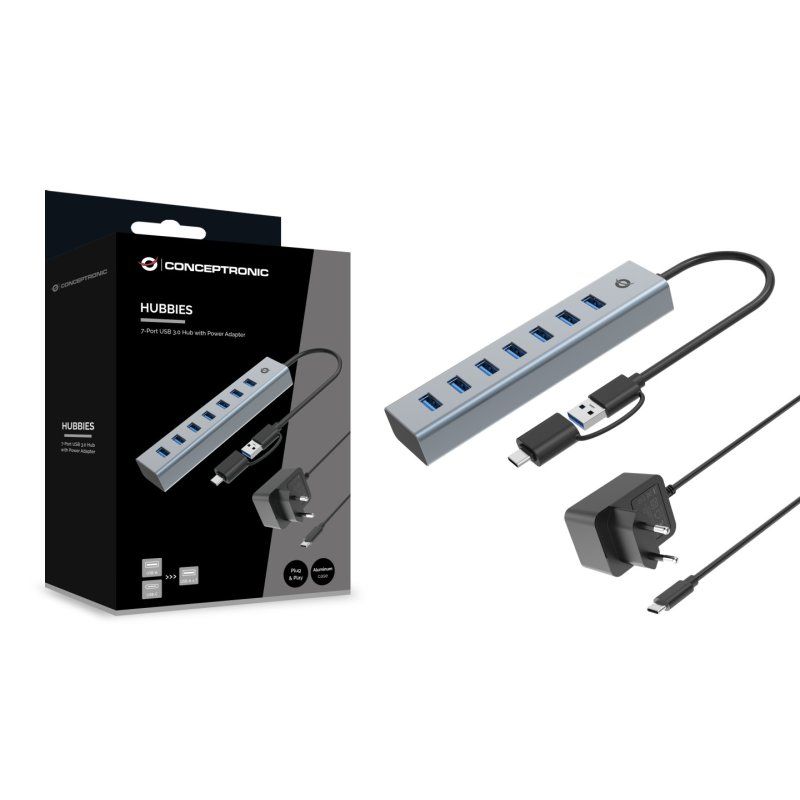CONCEPTRONIC 7-Port Hub USB-A3.0/-C Adap.-7xA3.0 m.Netz. gr