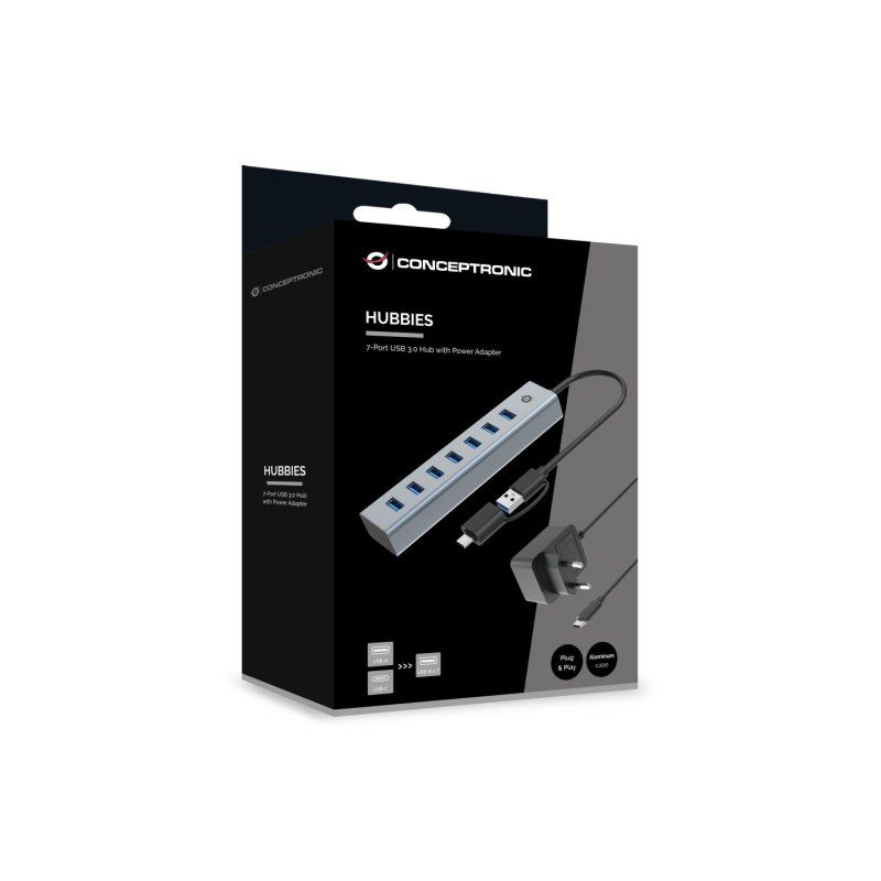 CONCEPTRONIC 7-Port Hub USB-A3.0/-C Adap.-7xA3.0 m.Netz. gr