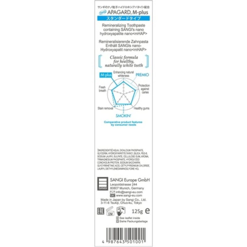 APAGARD M-plus Remineralizing Nano-Hydroxyapatite Toothpaste 125g - Standard Type Mild Mint Flavor