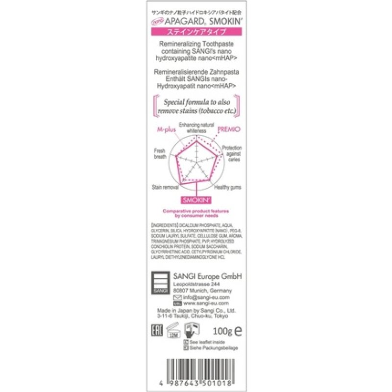 APAGARD SMOKIN Remineralizing Nano Hydroxyapatite Toothpaste 100g Mild Mint Flavor