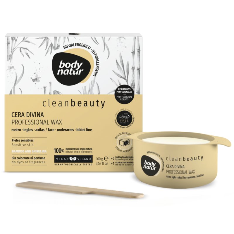 Body Natur Cire Divine Clean Beauty, 100 g, 1 spatule en bois, 2 lingettes hypoallergéniques