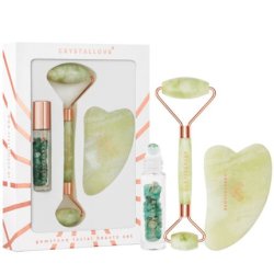 CRYSTALLOVE Jade Beauty Set: Face Roller, Gua Sha Plate, and Roll-On Bottle