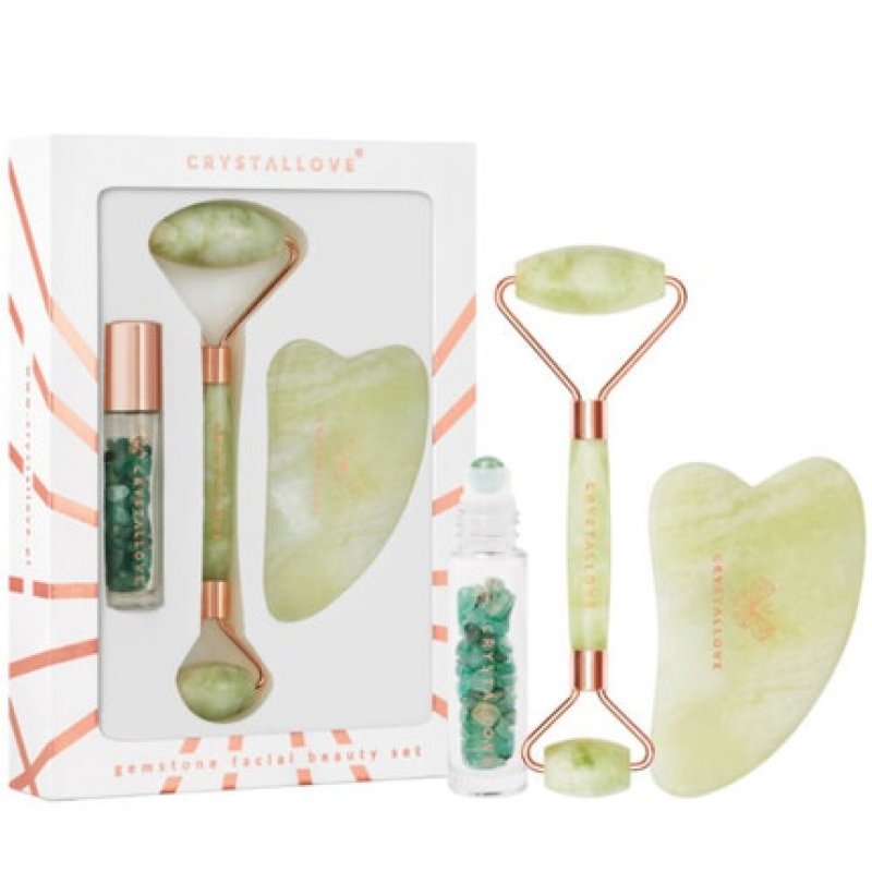 CRYSTALLOVE Jade Beauty Set: Face Roller, Gua Sha Plate, and Roll-On Bottle