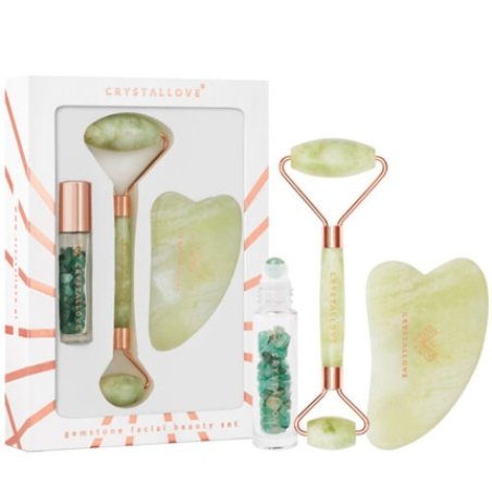 CRYSTALLOVE Jade Beauty Set: Face Roller, Gua Sha Plate, and Roll-On Bottle
