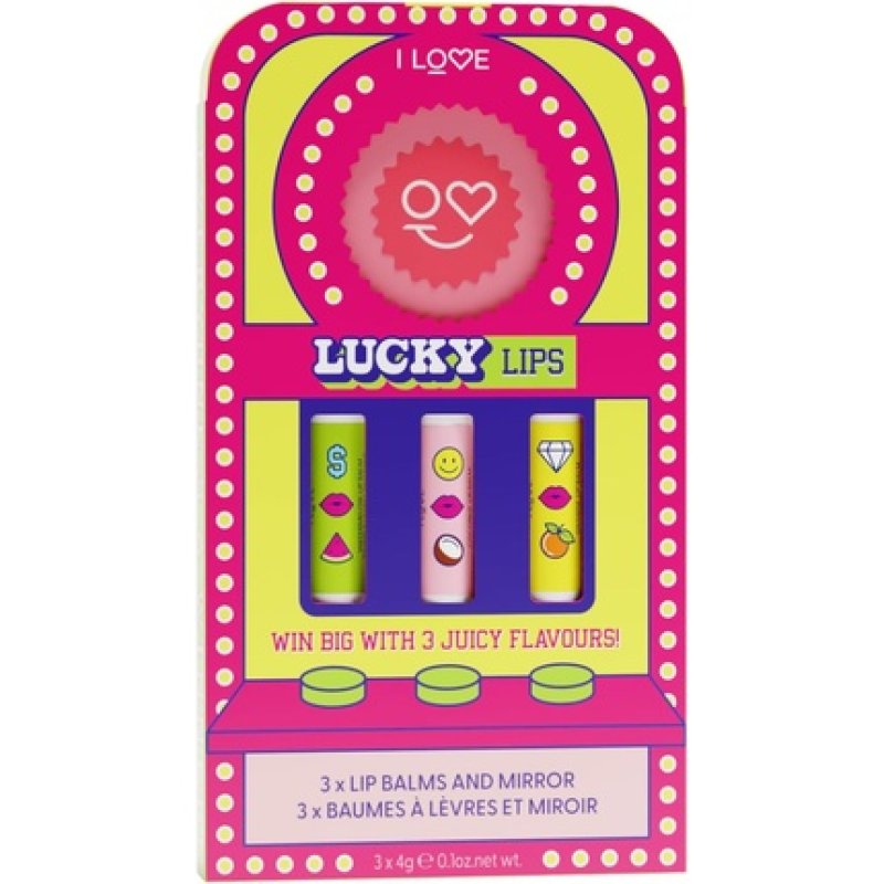 I Love Lucky Lips Lip Balm Gift Set with 3 Hydrating Lip Balms and Branded Compact