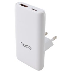 CARGADOR TOOQ PARED GAN USB-C/PD USB-A/QC 65W, BLANCO