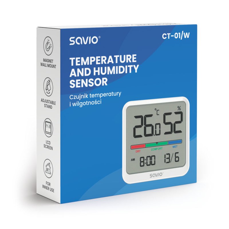 SAVIO Wireless weather station temperature and humidity sensor for indoor use LCD screen clock date handle with