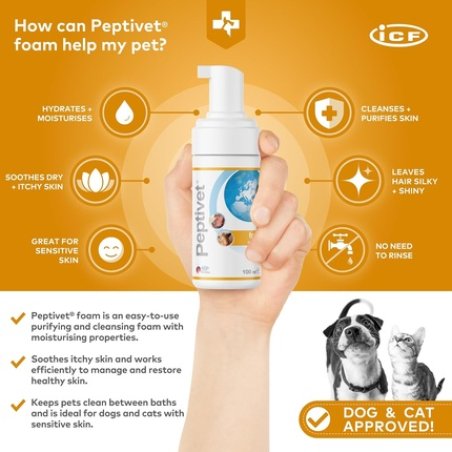 Peptivet Eudermic Foam for Dogs and Cats Soothing for Itchy Skin Moisturizing Fast Absorbing Non-Irritant 100ml