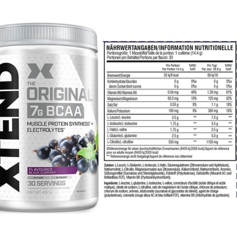XTEND Original Black Currant BCAA Powder with Electrolytes for Regeneration and Hydration 7g BCAA 30 Servings