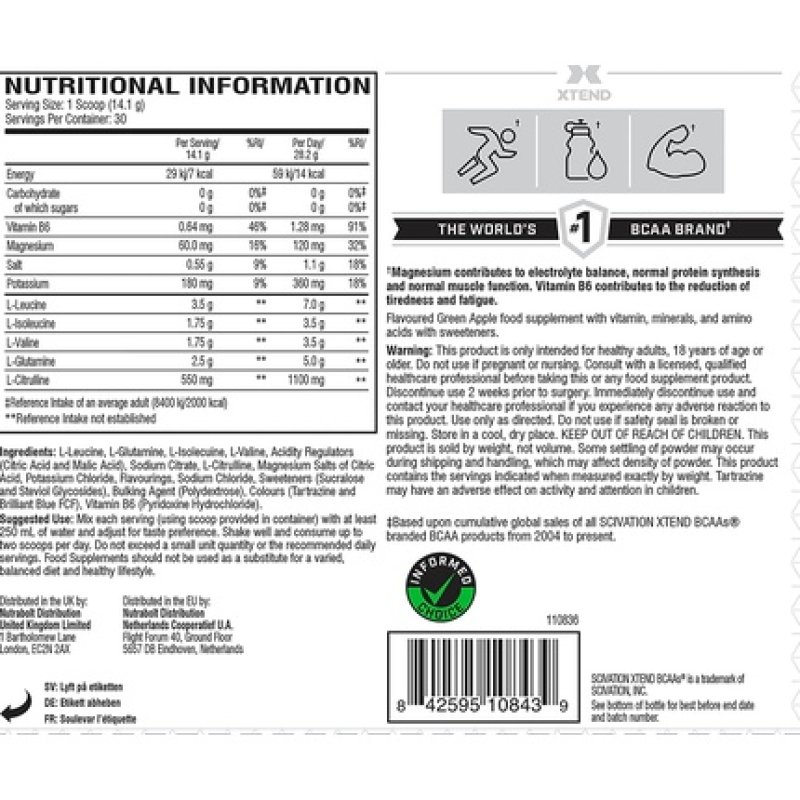XTEND Original Green Apple BCAA Powder with Branch Chain Amino Acids and Electrolytes 30 Servings