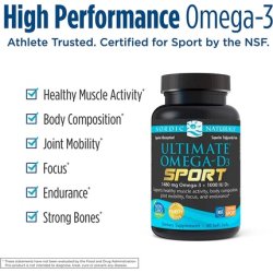 Nordic Naturals Ultimate Omega-D3 Sport Lemon Soft Gels 60 Count 1480mg Omega-3 1000 IU Vitamin D3 - NSF Certified -