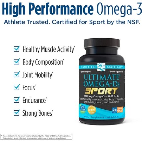 Nordic Naturals Ultimate Omega-D3 Sport Lemon Soft Gels 60 Count 1480mg Omega-3 1000 IU Vitamin D3 - NSF Certified -
