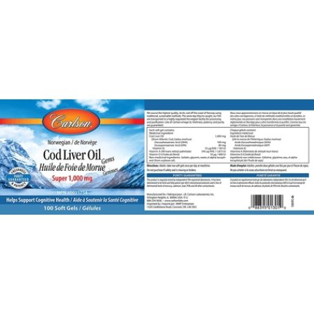 Carlson Labs Wild Norwegian Cod Liver Oil Gems 1000mg Softgels 100 Count