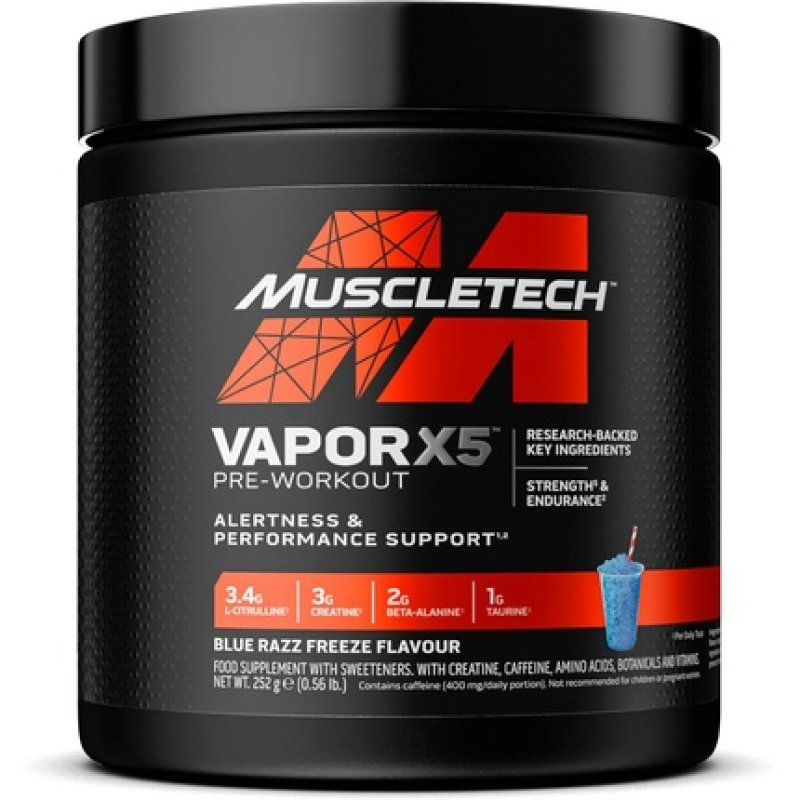 MuscleTech Vapor X5 Pre Workout Powder with Creatine Monohydrate, Beta Alanine, Caffeine 30 Servings 252g Blue Razz