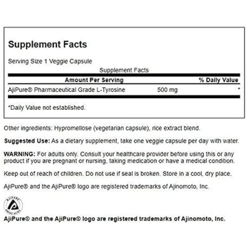 Swanson Ajipure L-Tyrosine Pharmaceutical Grade Amino Acid 500mg 60 Veg Capsules