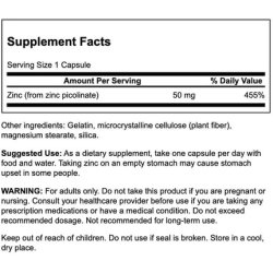 Swanson Extra Strength Zinc Picolinate Body Preferred Form 50mg 60 Capsules