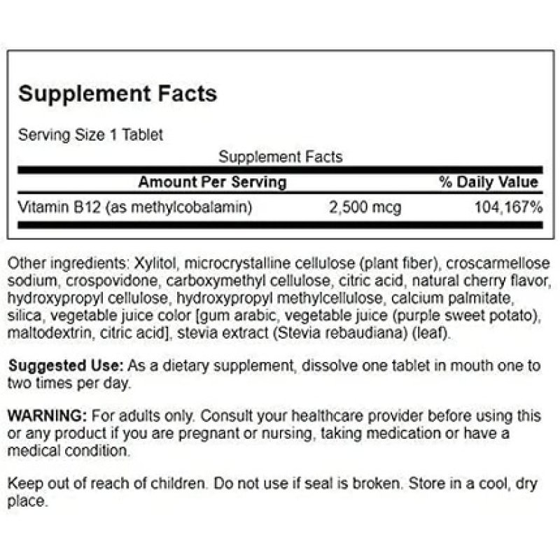 Swanson Vitamin B12 Methylcobalamin Natural Cherry Flavored 2,500mcg 60 Tablets
