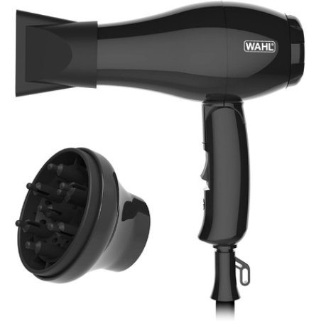 Wahl Travel Hair Dryer with Attachments Compact Foldable Two Heat Settings Black