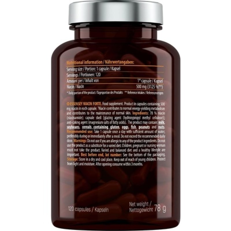 Essensey Niacin I 500mg 120 Capsules Nicotinamide for Vegetarians