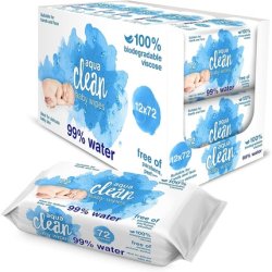 Aqua Clean Baby Wipes 72 Wipes 99% Purified Water 100% Biodegradable 100% Plastic Free - Pack of 12