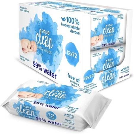 Aqua Clean Baby Wipes 72 Wipes 99% Purified Water 100% Biodegradable 100% Plastic Free - Pack of 12