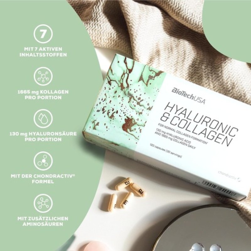 BioTechUSA Hyaluronic & Collagen Supplement Capsules with Collagen, Hyaluronic Acid, Vitamins, and Amino Acids 120