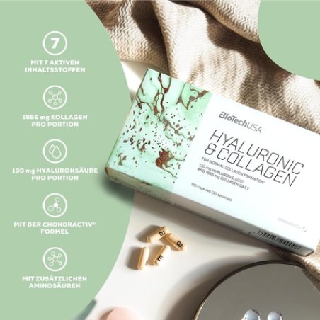 BioTechUSA Hyaluronic & Collagen Supplement Capsules with Collagen, Hyaluronic Acid, Vitamins, and Amino Acids 120