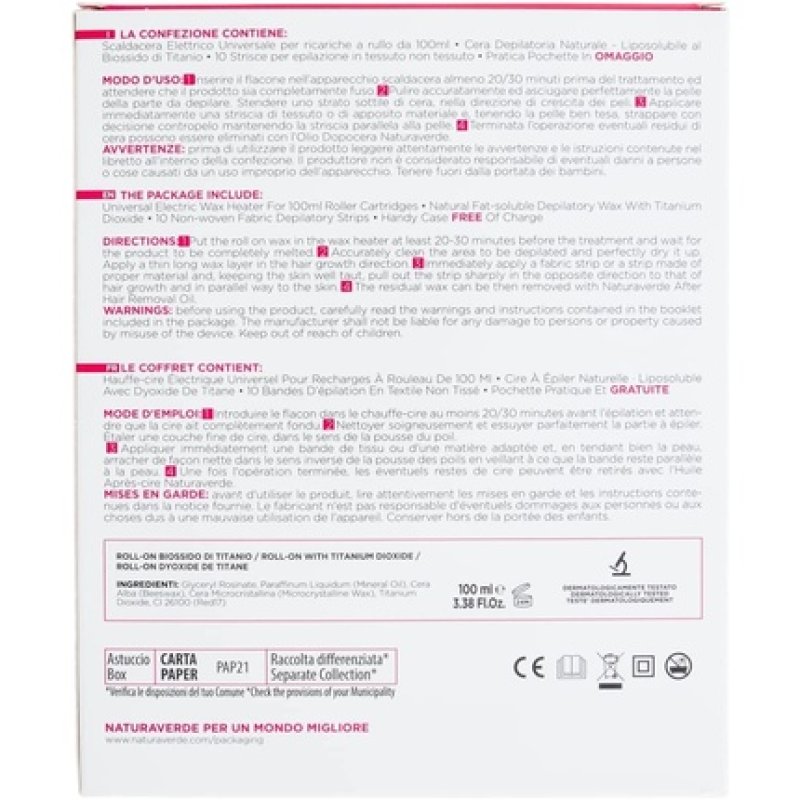 Naturaverde Hair Removal Set Wax Device 25 Watt Wax Cartridges 100ml 10 Cloth Strips 450g