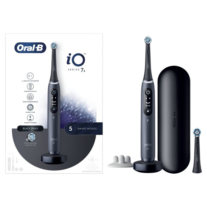 Oral-B iO 7S Black Electric Toothbrush with 2 Brush Heads and 1 Travel Case Designed by Braun