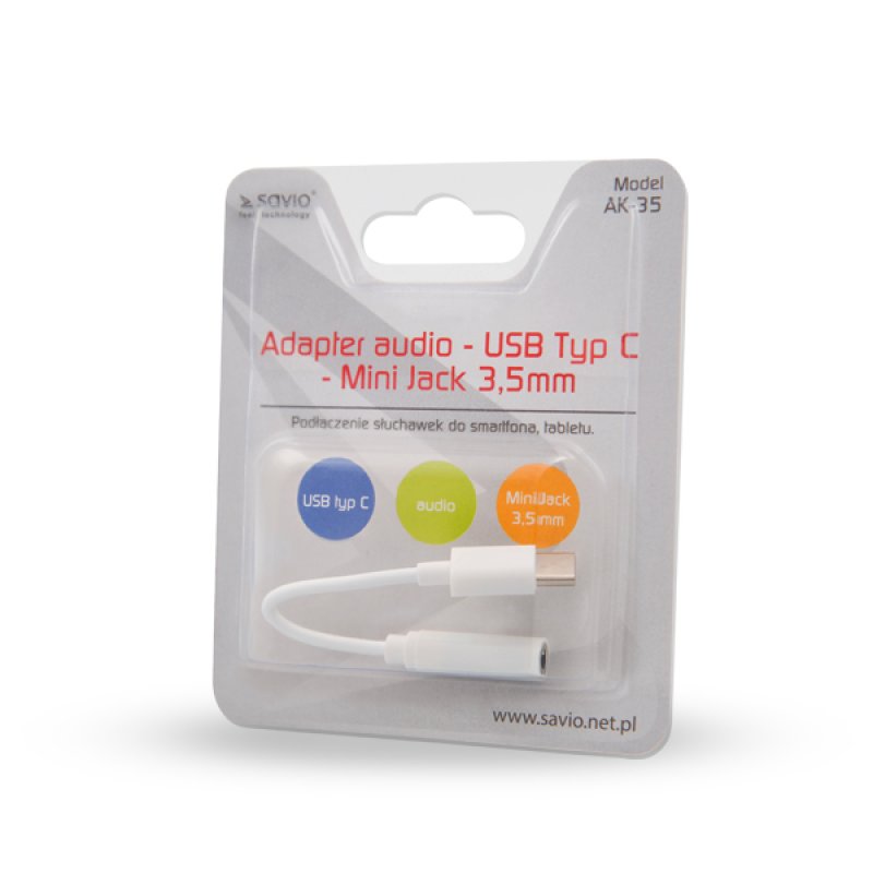 USB Type 3.1 C (M) – Jack 3.5mm (F) Audio adapter White SAVIO AK-52