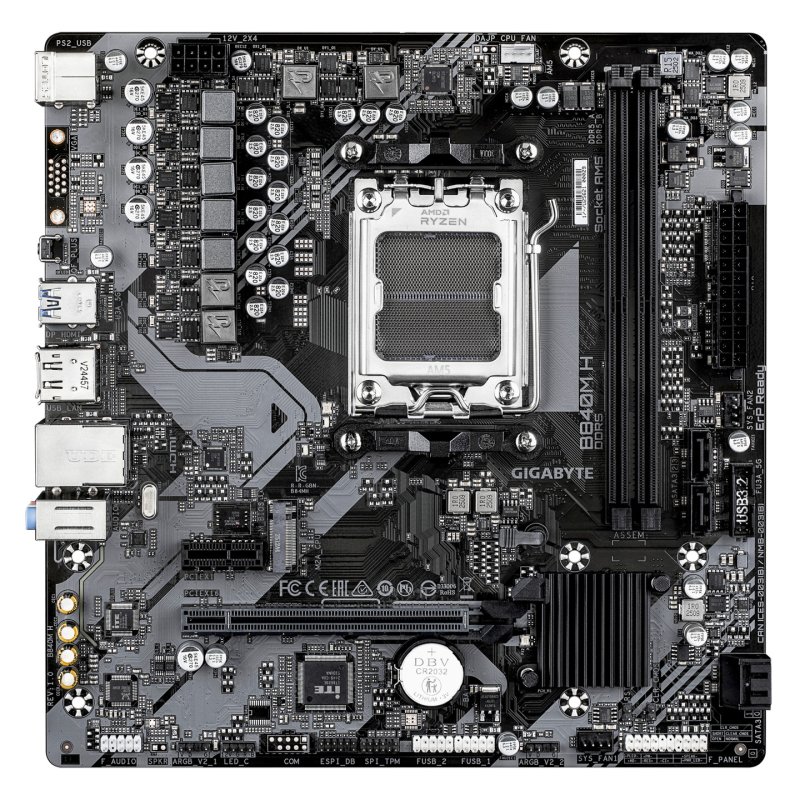 GIGABYTE B840M H Motherboard - AMD Ryzen 9000 CPUs, 5 2 2 Phases VRM, up to 7200MHz DDR5 (OC), 1xPCIe 4.0 M.2, 1GbE