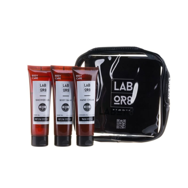 Set pentru calatorie LABOR8 Gel de dus 75ml Balsam pentru corp 75ml Crema pentru maini 75ml