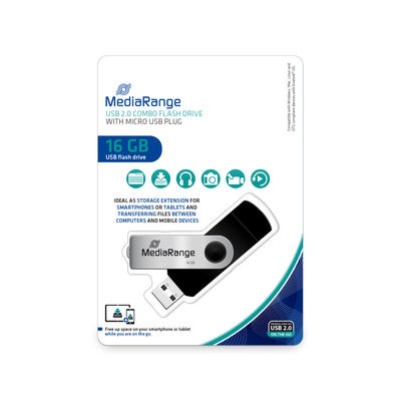 MediaRange MR931-2 lecteur USB flash 16 Go USB Type-A / Micro-USB 2.0 Argent, Noir