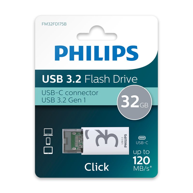 Philips Click lecteur USB flash 32 Go USB Type-C 3.2 Gen 1 (3.1 Gen 1) Transparent, Blanc