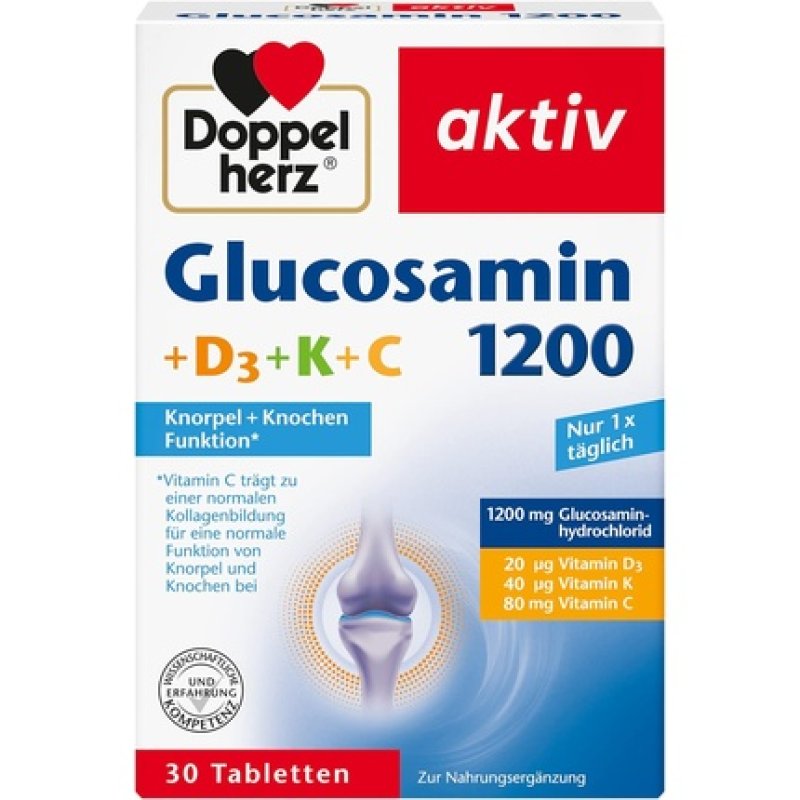 Doppelherz Glucosamine 1200 D3 K C with Vitamin C for Normal Collagen Formation and Cartilage Function 30 Tablets