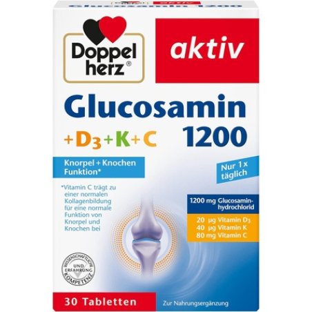 Doppelherz Glucosamine 1200 D3 K C with Vitamin C for Normal Collagen Formation and Cartilage Function 30 Tablets