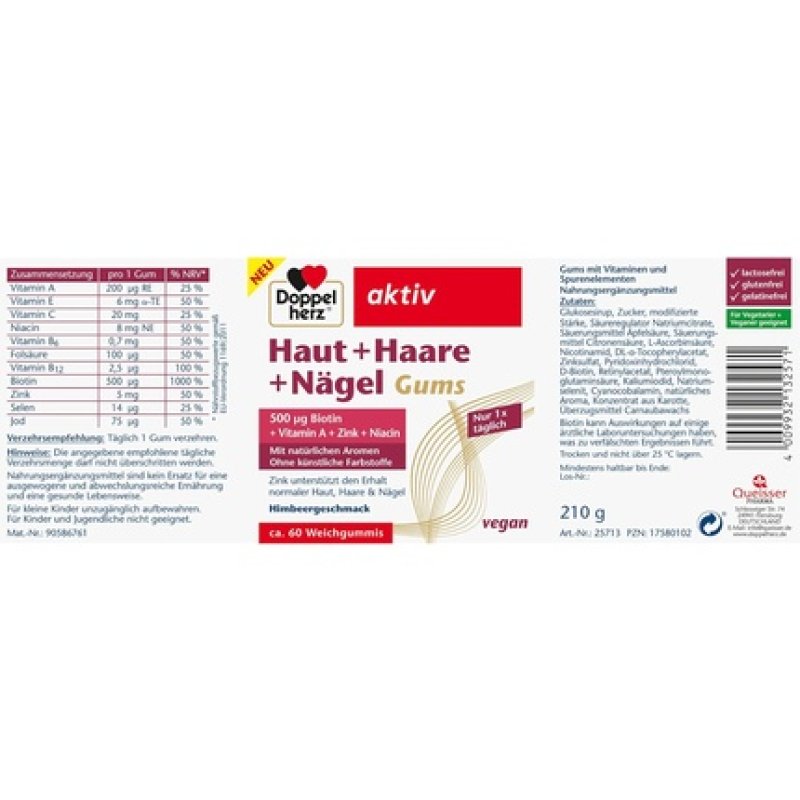 Doppelherz Skin Hair Nails Gums with Vitamins & Minerals - Zinc Supports the Maintenance of Normal Skin, Hair, and