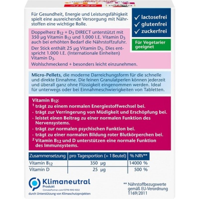 Doppelherz B12 D3 DIRECT High Dose with 300mcg Vitamin B12 and 1000 I.U. Vitamin D3 for Normal Immune System Function