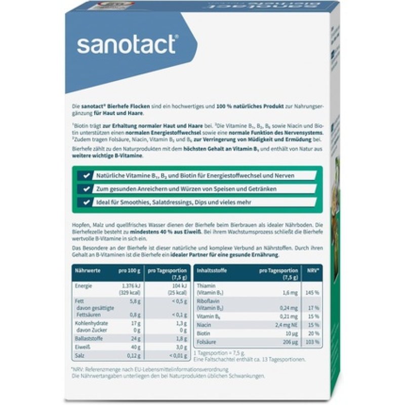 Sanotact Beer Yeast Flakes 100g with Biotin and 6 B-Vitamins for Skin Hair Nails