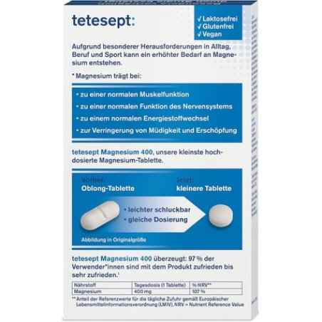 tetesept Magnesium 400 High Dose Dietary Supplement with Magnesium - Easy to Swallow Magnesium Tablets for Active,
