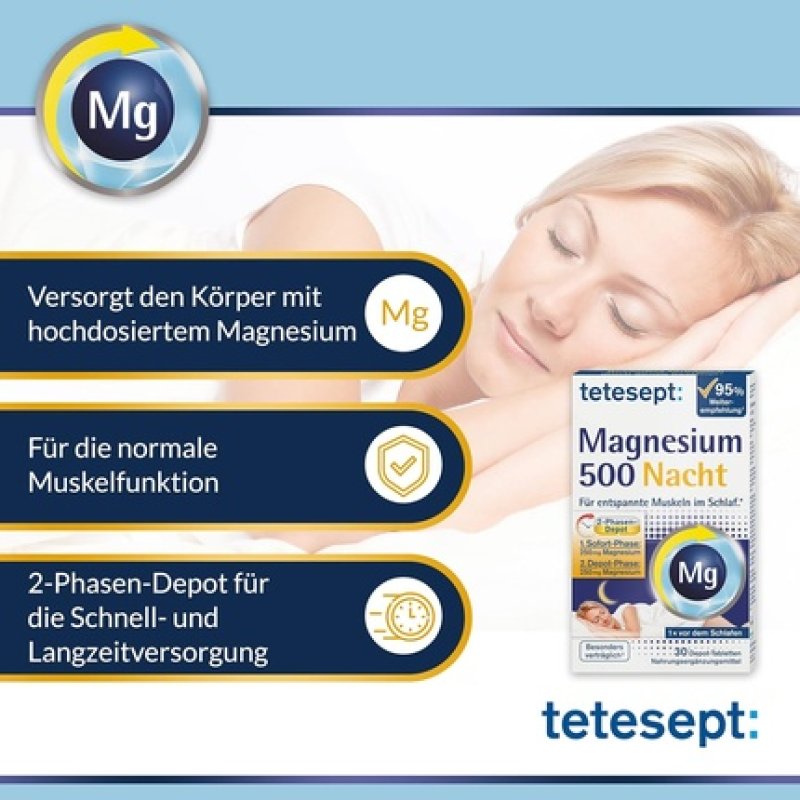 tetesept Magnesium 500 Night - High-Dose Magnesium Dietary Supplement - Relaxed Muscles During Sleep with Magnesium